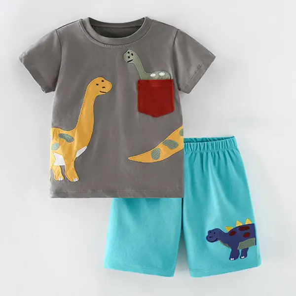 【2Y-10Y】2-piece Boys Cute Cotton Dinosaur Embroidered Short Sleeve T-shirt And Shorts Set - Popopieshop.com 
