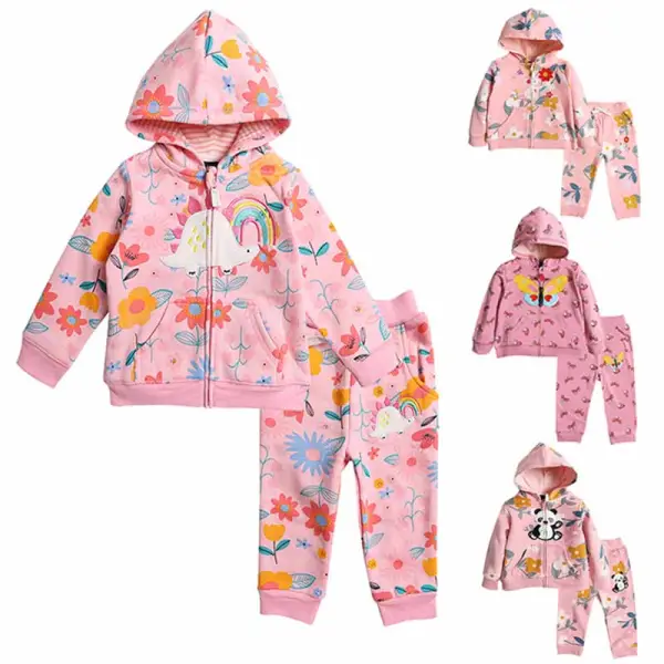 【12M-4Y】2-piece Girls Sweet Floral Butterfly Cartoon Print Hooded Jacket And Pants Set - Popopieshop.com 