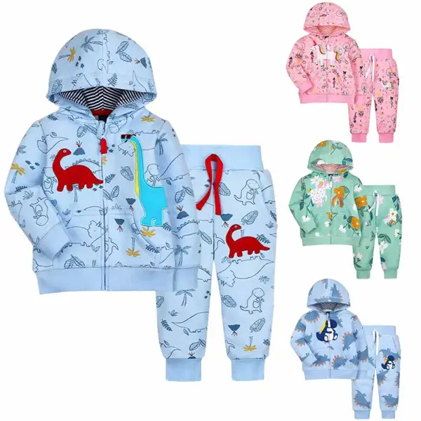 【12M-4Y】2-piece Kids Cute Dinosaur Floral Unicorn Print Hooded Sweatshirt Jacket And Pants Set - Popopieshop.com 