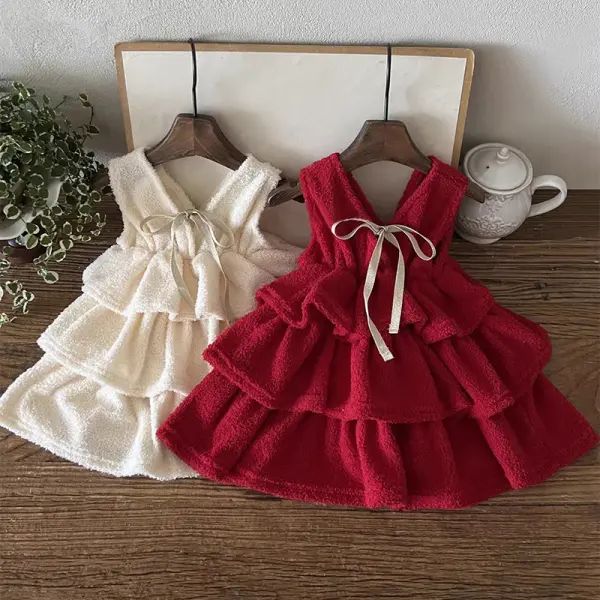 【12M-6Y】Girls Fashion Polar Fleece V-Neck Bowknot Ruffle Sleeveless Cake Dress - Popopieshop.com 