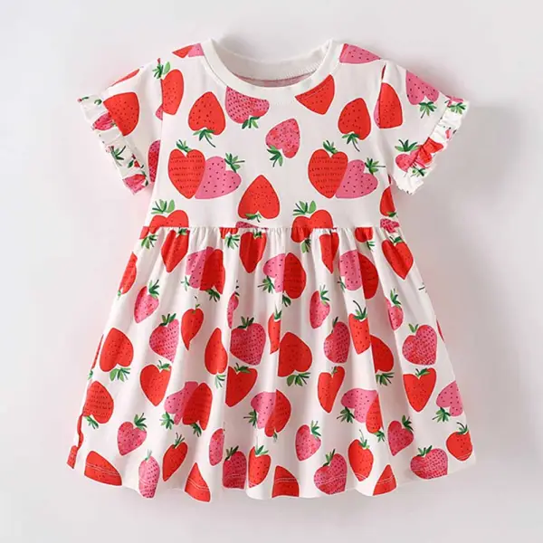 【2Y-10Y】Girls Sweet Strawberry Print Ruffle Short Sleeve Dress - Popopieshop.com 