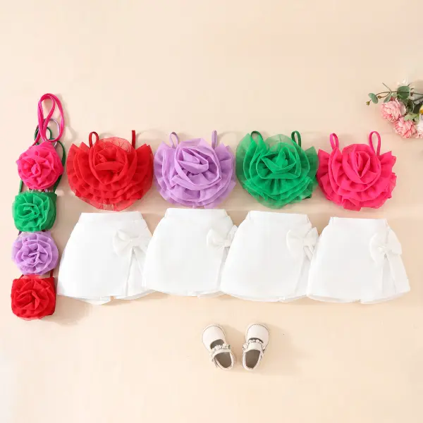 【9M-4Y】3-piece Girls Cute And Stylish 3-Dimensional Floral Top And Bowknot Shorts Set With Free Bag - Popopieshop.com 
