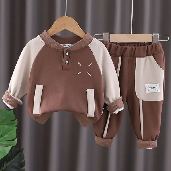 【12M-5Y】2-piece Boy Casual Letter Print Colorblock Round Neck Sweatshirt And Pants Set - Popopieshop.com 