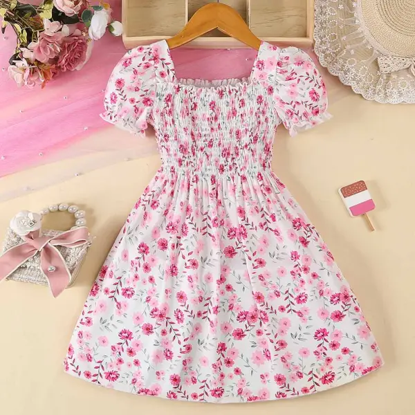 【3Y-7Y】Girls Sweet Pink Floral Puff Sleeve Dress - Popopieshop.com 