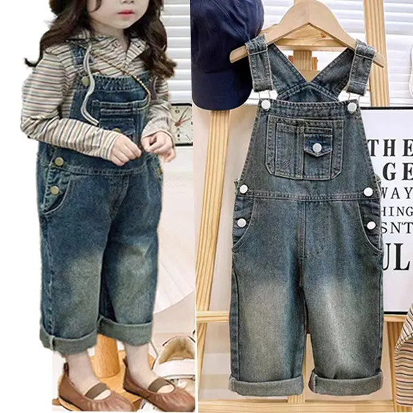 【12M-8Y】Girls Sweet Washed Denim Strap Jeans - Popopieshop.com 