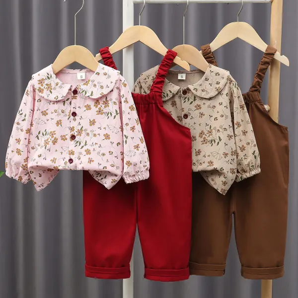 【12M-5Y】2-piece Girls Cute Floral Printed Doll Collar Long Sleeve Shirt And Strap Pants Set - Popopieshop.com 