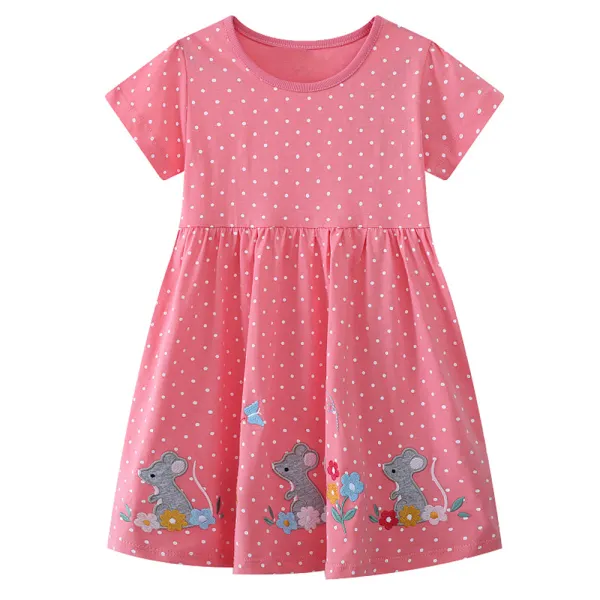 【18M-7Y】Girls Cute Cotton Polka Dot Rabbit Embroidery Short Sleeve Dress - Popopieshop.com 
