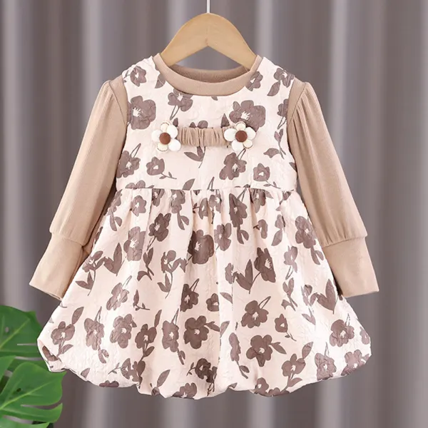 【12M-5Y】2-piece Girls Sweet Puff Sleeve T-shirt And Floral Sleeveless Bud Dress Set - Popopieshop.com 