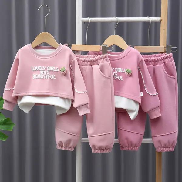 【12M-5Y】2-piece Girls Sweet Fake Two-piece Letter Printe Round Neck Sweatshirt And Pants Set - Popopieshop.com 