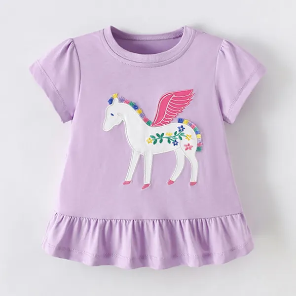【18M-8Y】Girls Cute Cotton Unicorn Embroidered Ruffle Puff Sleeve T-shirt - Popopieshop.com 