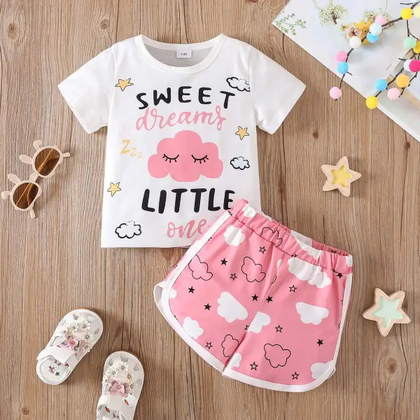 【2Y-8Y】2-piece Girls Cute Cotton Cartoon Print Short Sleeve T-shirt And Shorts Set - Popopieshop.com 