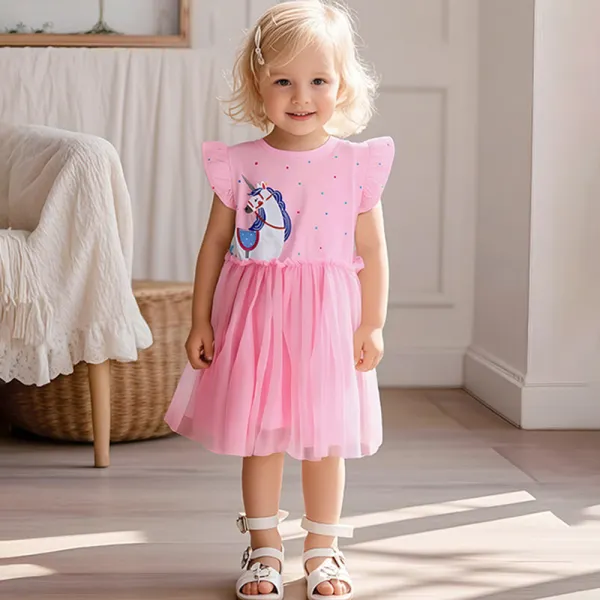 【18M-7Y】Girls Sweet Unicorn Embroidery Multi-layered Mesh Dress - Popopieshop.com 