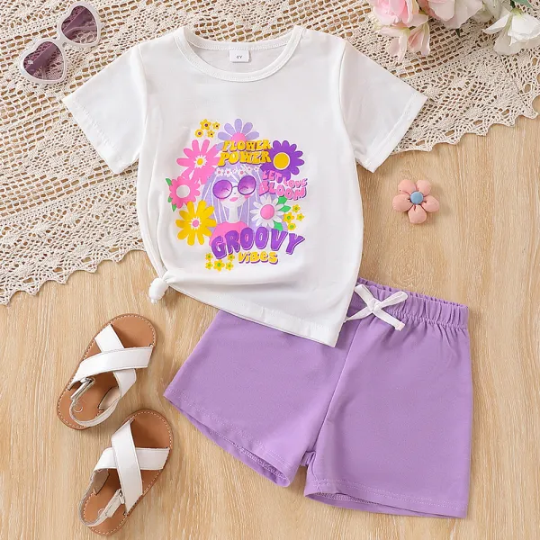 【2Y-8Y】2-piece Girls Cute Cotton Cartoon Print Short Sleeve T-shirt And Shorts Set - Popopieshop.com 