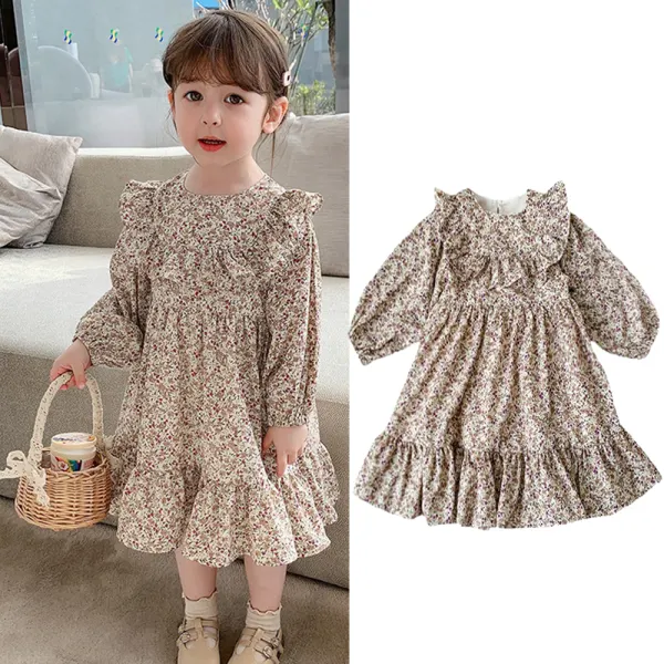 【18M-6Y】Girls Sweet Floral Print Ruffle Long Sleeve Dress - Popopieshop.com 