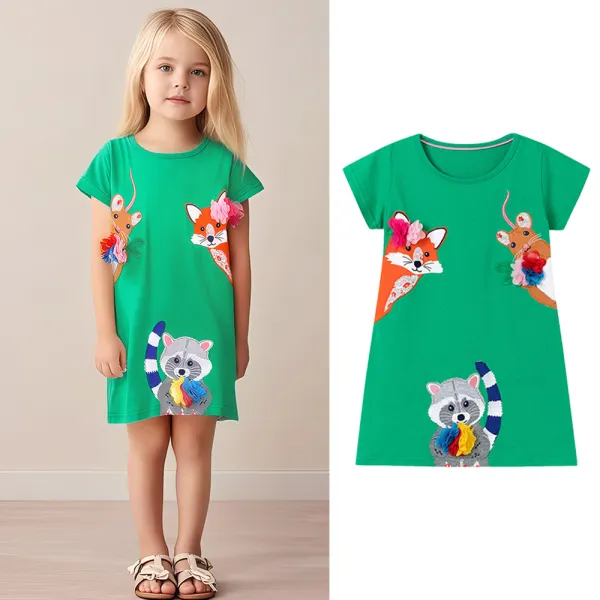 【18M-7Y】Girls Cute Cotton Squirrel Fox Embroidery Short Sleeve Dress - Popopieshop.com 