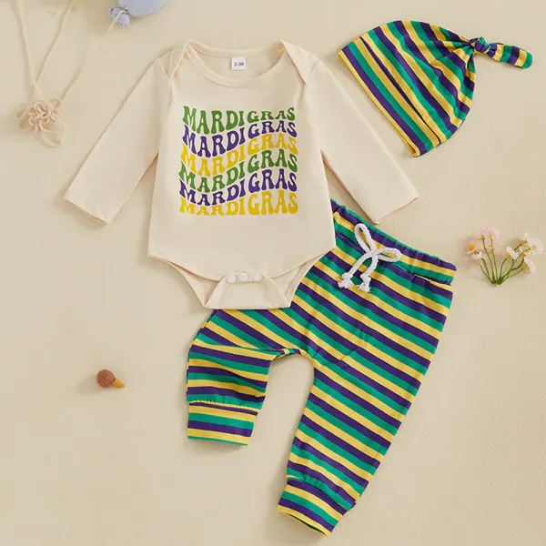 【0M-18M】3-piece Baby Boy Cute Letter Print Long Sleeve Romper And Striped Pants Set With Hat Only $25.99 - Popopieshop.com 