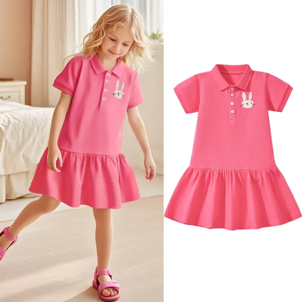【18M-7Y】Girls Casual Cotton Rabbit Embroidery Lapel POLO Dress - Popopieshop.com 