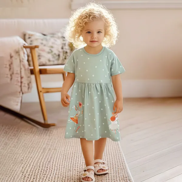 【18M-7Y】Girls Cute Cotton Squirrel Fox Embroidery Short Sleeve Dress - Popopieshop.com 