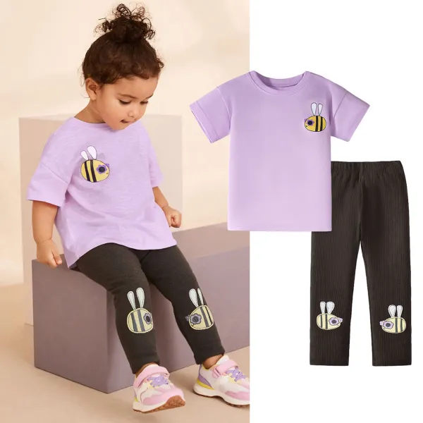 【1Y-7Y】2-piece Girls Cute Bee Print Purple T-shirt And Gray Leggings Set - Popopieshop.com 