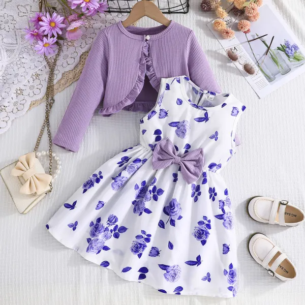 【2Y-8Y】2-piece Girls Sweet Floral Print Sleeveless Dress And Cardigan Set Only $24.99 - Popopieshop.com 