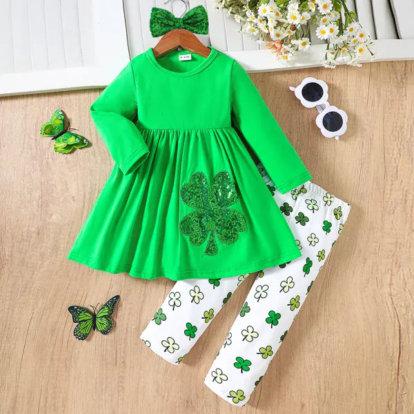 【6M-4Y】2-piece Girls St. Patrick Day Four Leaf Clover Embroidered Long Sleeve Top And Leggings Set Only $22.99 - Thepopopie.com 