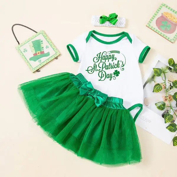 【0M-18M】3-piece Baby Girl Cute St. Patrick Cartoon Print Short Sleeve Romper And Green Tulle Puff Skirt Set With Hairband Only $26.99 - Popopieshop.com 