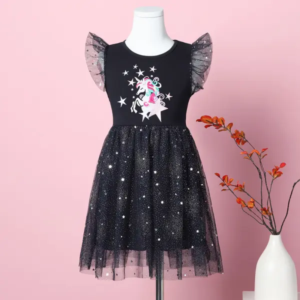 【3Y-8Y】Girls Black Unicorn Embroidered Star Mesh Dress - Popopieshop.com 