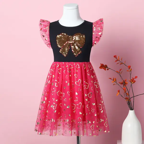 【3Y-8Y】Girls Sequin Bow Embroidered Heart Print Mesh Dress - Popopieshop.com 