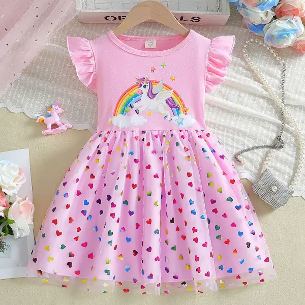 【18M-8Y】Girls Unicorn Print Heart Mesh Short Sleeve Dress - Thepopopie.com 