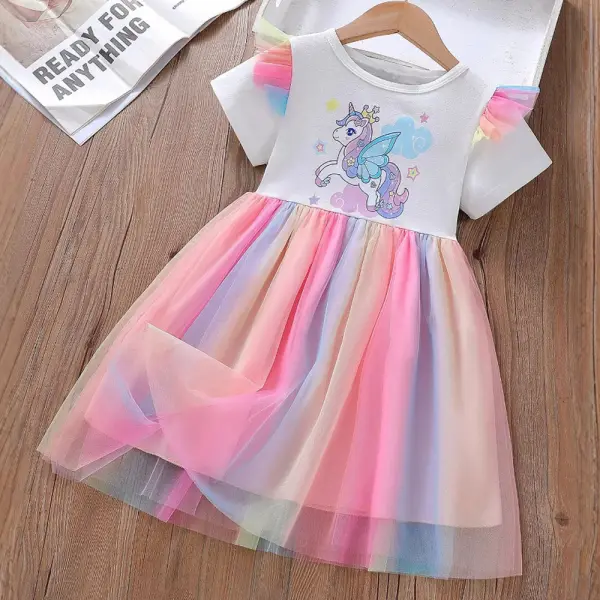 【18M-8Y】Girls Unicorn Print Gradient Mesh Short Sleeve Dress - Popopieshop.com 