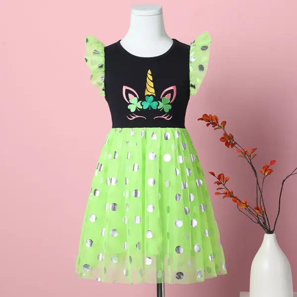 【3Y-8Y】Girls Unicorn Embroidered Polka Dot Mesh Dress - Popopieshop.com 