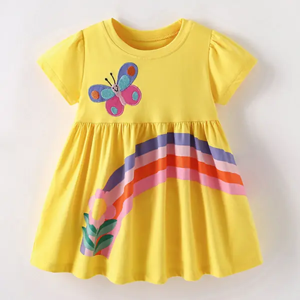【2Y-10Y】Girls Yellow Butterfly Rainbow Print Short Sleeve Dress - Popopieshop.com 