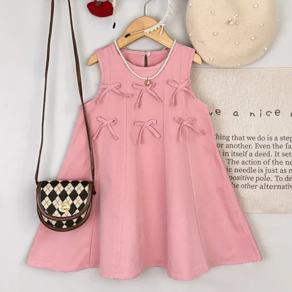 【2Y-7Y】Girls Sweet Fashion Bow Design Pink Sleeveless Dress - Popopieshop.com 