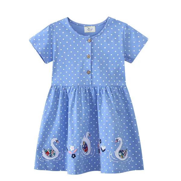 【1Y-7Y】Girls Sweet And Cute Flower And Duck Embroidered Blue Polka Dot Dress - Popopieshop.com 
