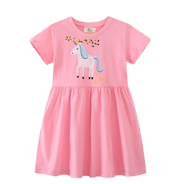 【1Y-7Y】Girls Sweet And Cute Floral And Unicorn Embroidered Pink Short Sleeve Dress - Popopieshop.com 