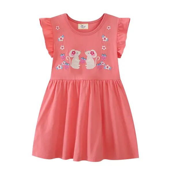 【1Y-7Y】Girls Sweet And Cute Floral And Cartoon Mouse Embroidered Pink Ruffle Sleeve Dress - Popopieshop.com 