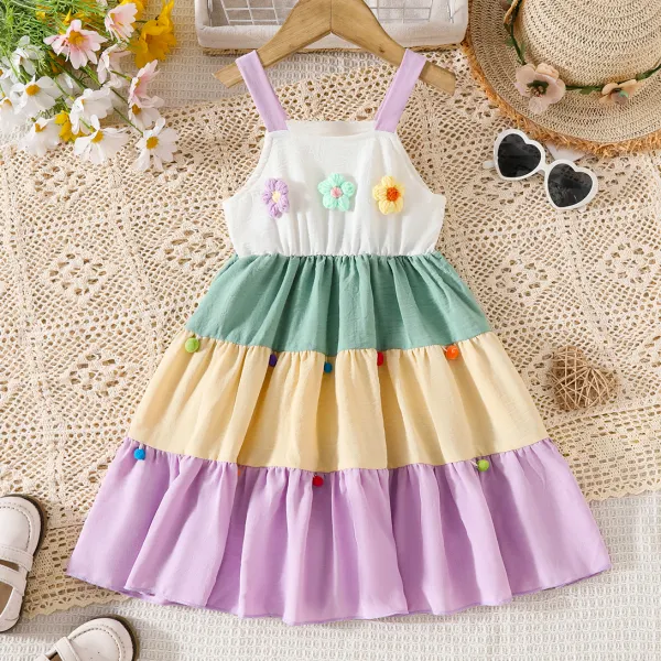 【1Y-6Y】Girls Sweet Fashion Floral Embroidery Color Block Patchwork Sling Dress - Popopieshop.com 