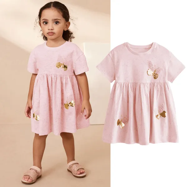 【1Y-7Y】Girls Sweet Fashion Butterfly Embroidery Pink Short Sleeve Dress - Popopieshop.com 