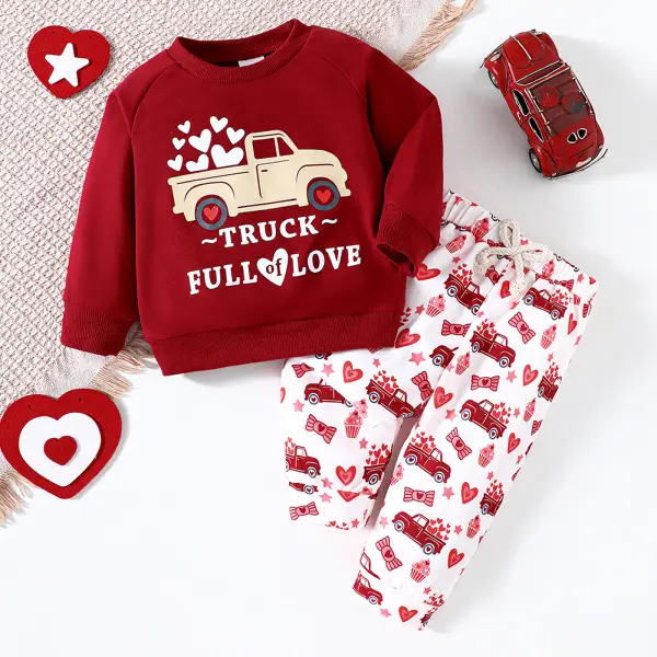 【3M-3Y】2-piece Baby Boys Cute Valentine Day Car Printed Round Neck Sweatshirt And Pants Set - Popopieshop.com 