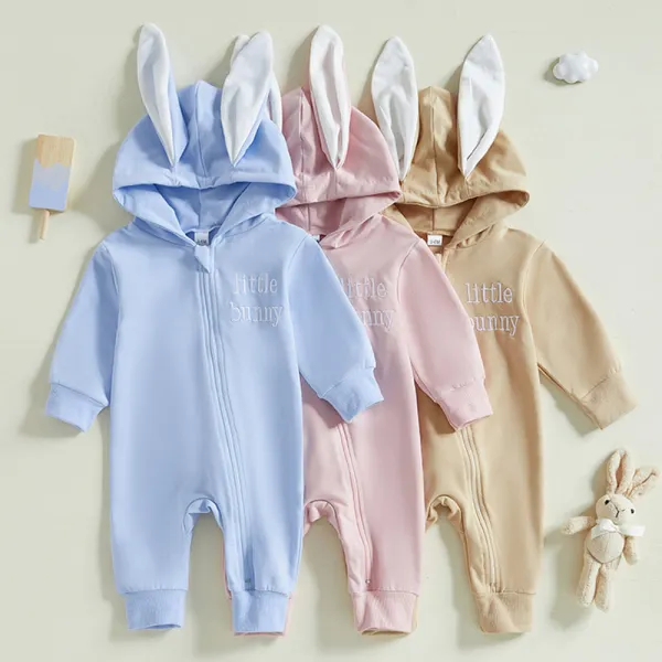 【0M-18M】Unisex Baby Letter Embroidered Abbit Shape Hoodie Jumpsuit - Popopieshop.com 