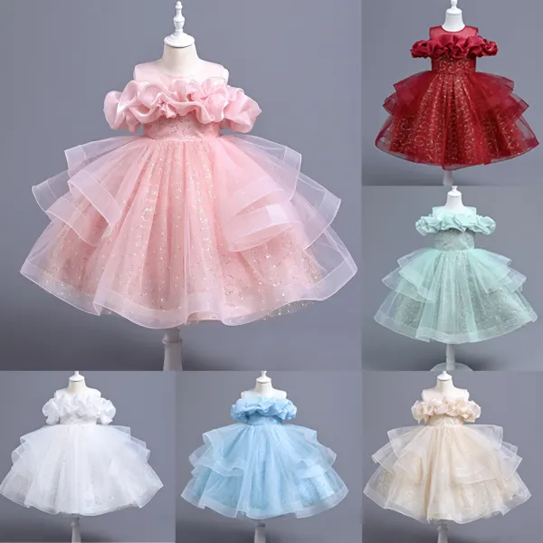 【18M-8Y】Girls Elegant Sequin Embroidery Ruffle Off Shoulder Puffy Mesh Princess Dress - Popopieshop.com 