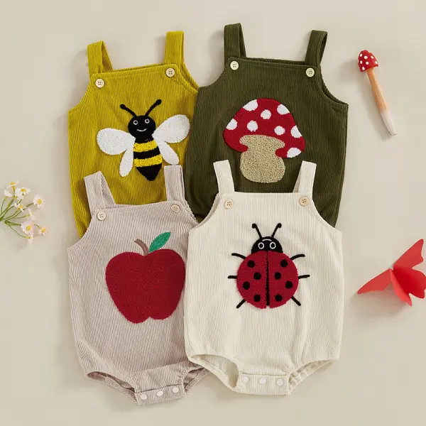 【0M-18M】Baby Girl Cute Bee Strawberry Apple Embroidered Corduroy Sleeveless Romper - Popopieshop.com 