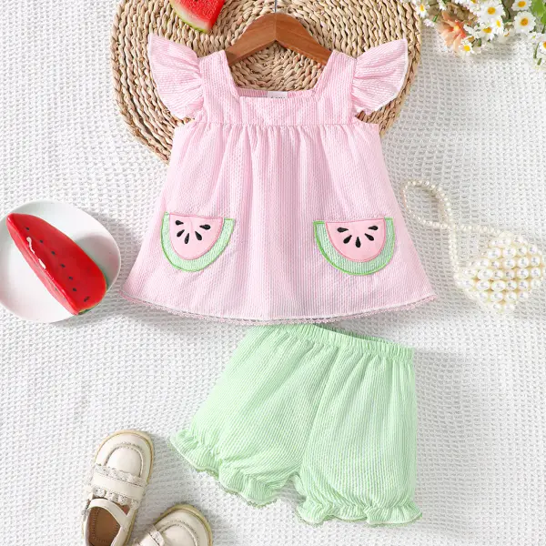 【0M-5Y】2-piece Girls Cute Watermelon Pocket Square Neck Ruffle Top And Shorts Set - Popopieshop.com 