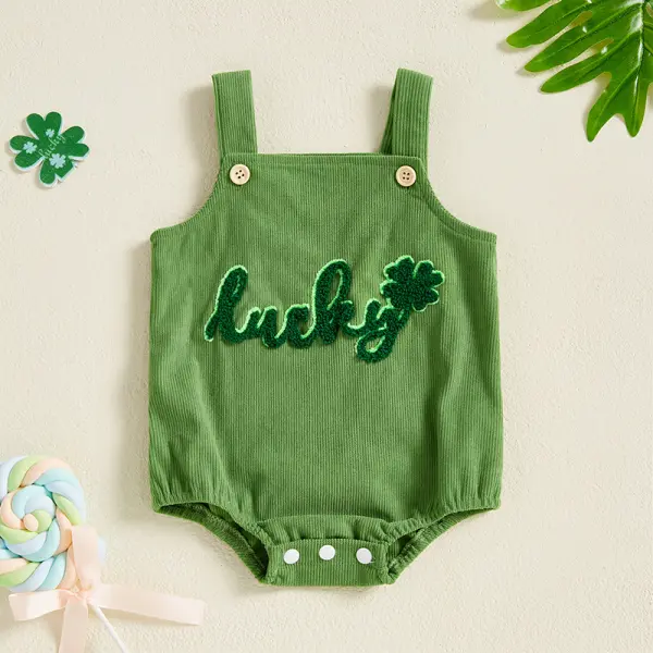 【0M-18M】Unisex Baby Saint Patrick Lettering Embroidered Corduroy Sleeveless Romper Only $22.99 - Popopieshop.com 