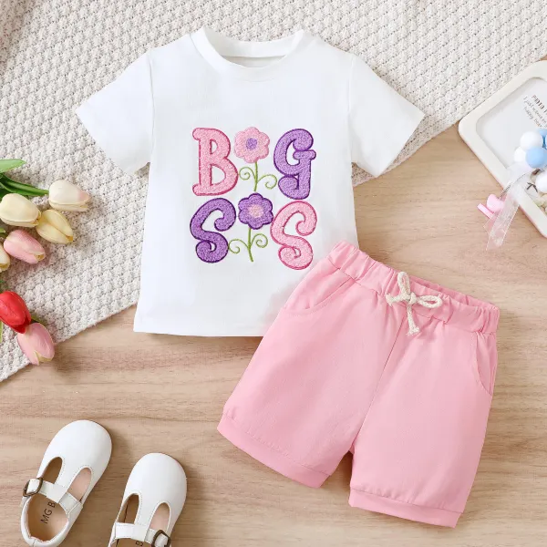【18M-6Y】2-piece Girls Cute Letter And Flower Embroidery White T-shirt And Pink Shorts Set - Popopieshop.com 