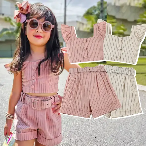 【18M-6Y】2-piece Girls Stylish Striped Short Top And Shorts Set - Popopieshop.com 