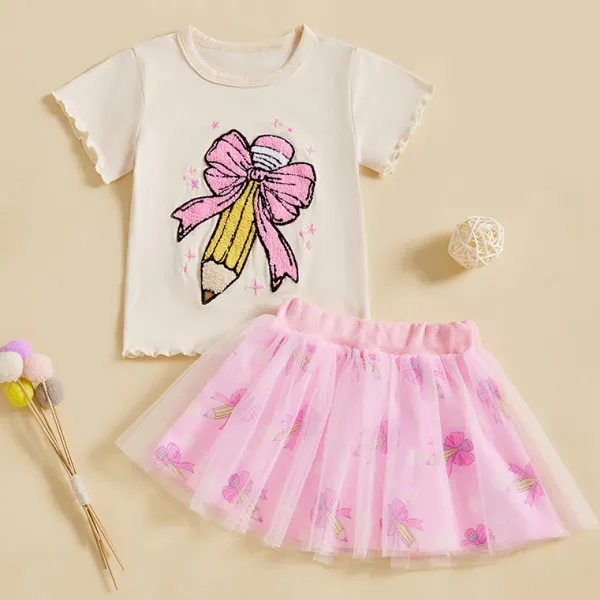 【12M-5Y】2-piece Girls Cute Bow Pencil Embroidered T-shirt And Pink Skirt Set - Popopieshop.com 