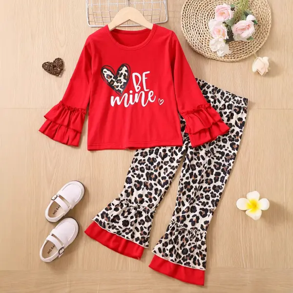 【18M-6Y】2-piece Girls Cute Valentine's Day Letter And Heart Shape Printed T-shirt And Leopard Pants Set - Popopieshop.com 