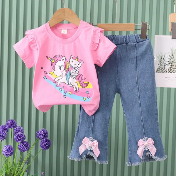 【12M-4Y】2-piece Girls Cute Cartoon Printed T-shirt And Bowtie Jeans Set - Popopieshop.com 