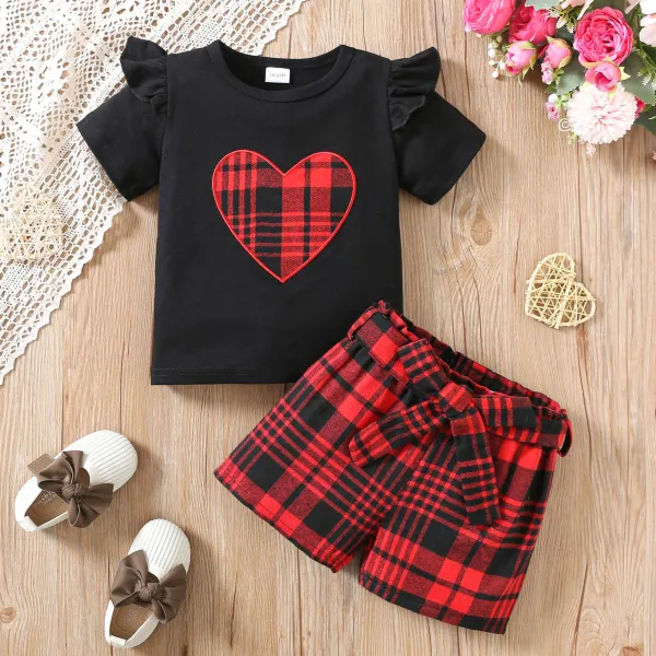 【1Y-8Y】2-piece Girls Cute Valentine's Day Heart Shape Embroidered T-shirt And Red Plaid Shorts Set - Popopieshop.com 